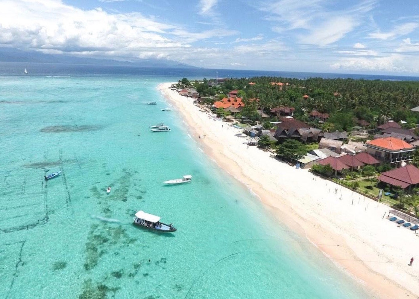 Aerial view of the white sand beach at Nusa Lembongan Island, Bali, Indonesia