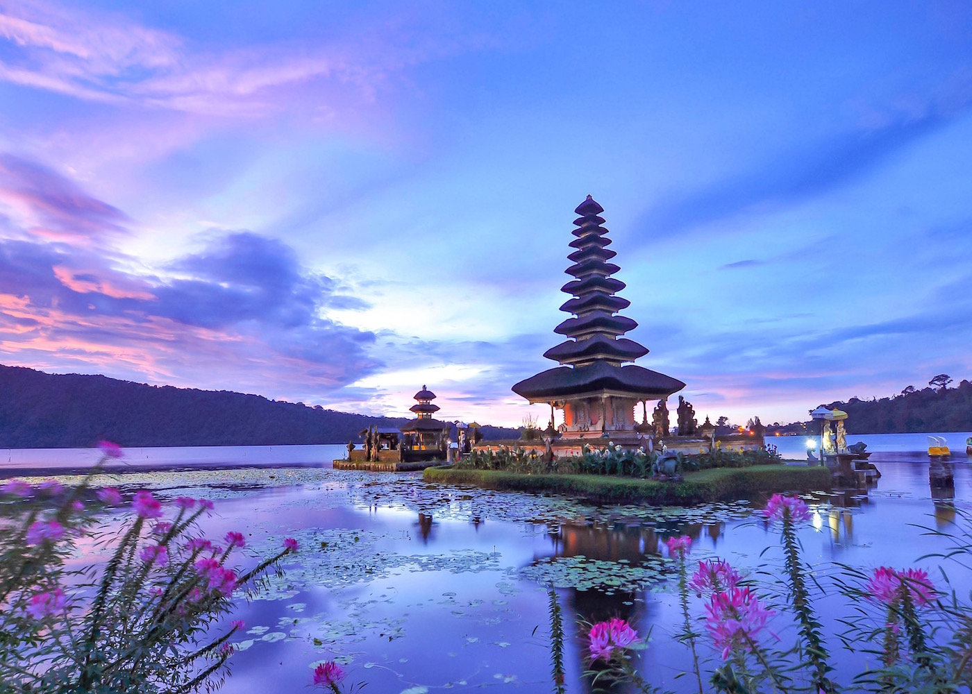 Pura Ulun Danu Beratan temple at sunset in Bedugul, Bali, indonesia