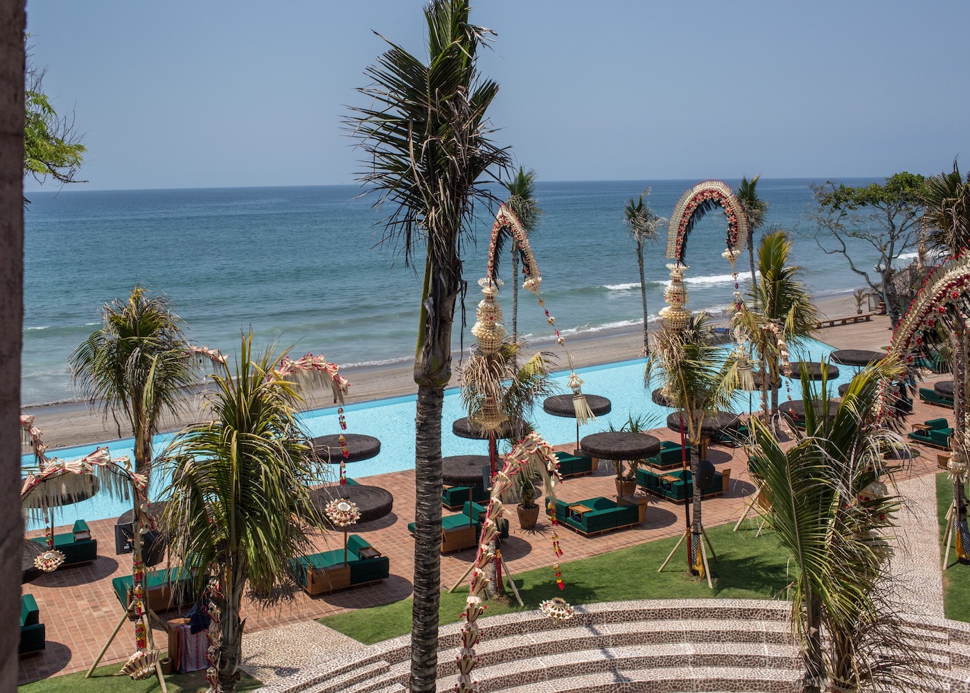 The infinity pool overlooking Seminyak Beach at Potato Head Beach Club in Bali, Indonesia