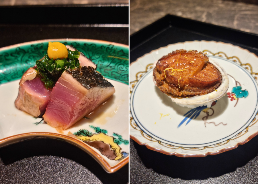 Zeniya Singapore's straw-smoked katsuo topped with leek, garlic, mustard, and olive oil, and awabi karaage | New restaurants and menus in Singapore 2025